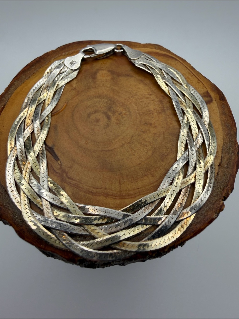 Tri-Color Braided Sterling Bracelet - Silver & Gold - 7” long, 7g
